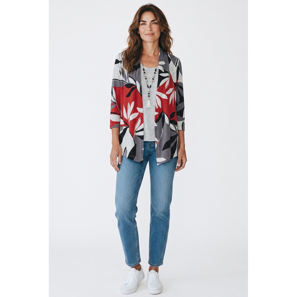 Alfred Dunner Womens Red Grey Floral Open Front Cardigan Jacket 3/4 Sleeve Small